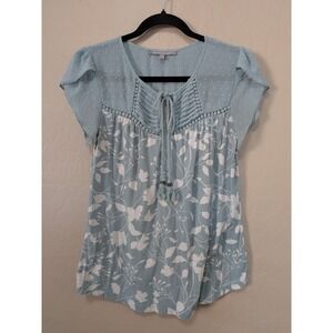 Daniel Rainn Soft Teal Floral Pintuck Tie Neck Flutter Sleeve Top Sz PXS